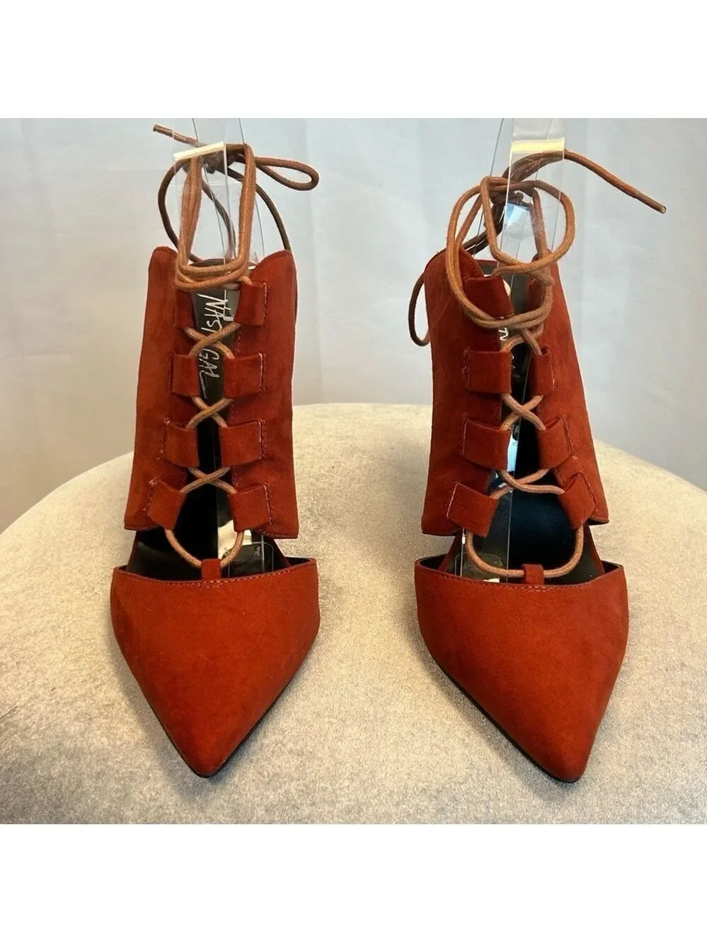 Nasty Gal burnt orange red lace-up faux leather mules high heels Sz 8.5
